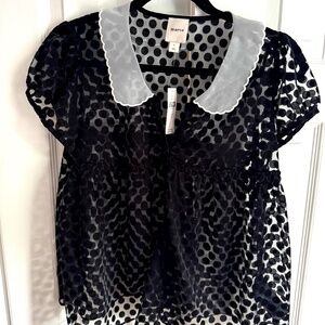 Anthropologie Black Polka Dot Blouse with White Collar